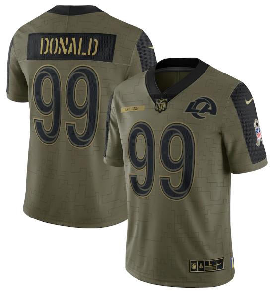 Men's Los Angeles Rams #99 Aaron Donald 2021 Olive Salute To Service Limited Stitched Jersey Men's Los Angeles Rams #99 Aaron Donald 2021 Olive Salute To Service Limited Stitched Jersey